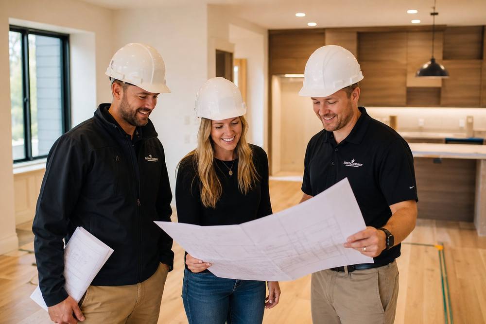 Renovation Contractors team reviewing blueprints on a job site