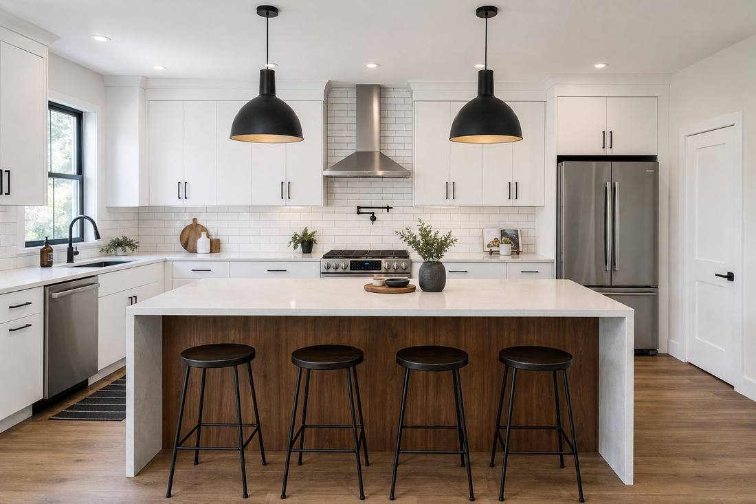 After: modern renovated kitchen with white cabinets and island