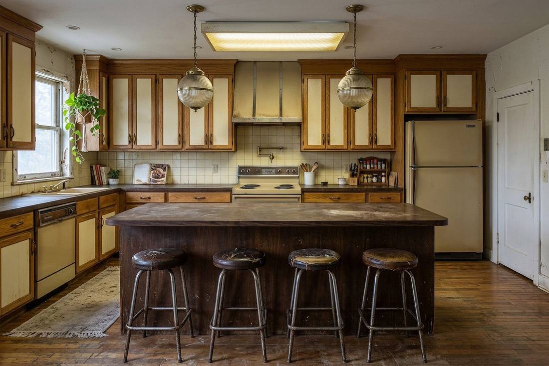Before: dated worn kitchen with old cabinets