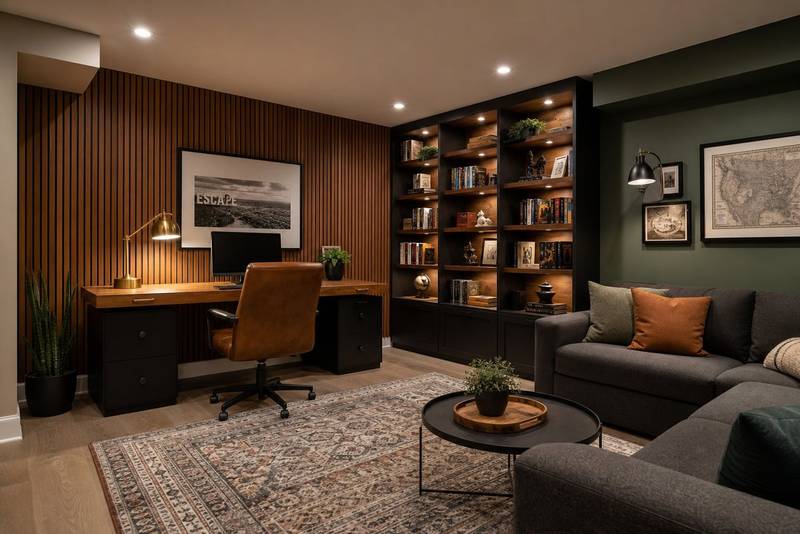 Finished basement home office with wood slat wall and built-in bookshelf