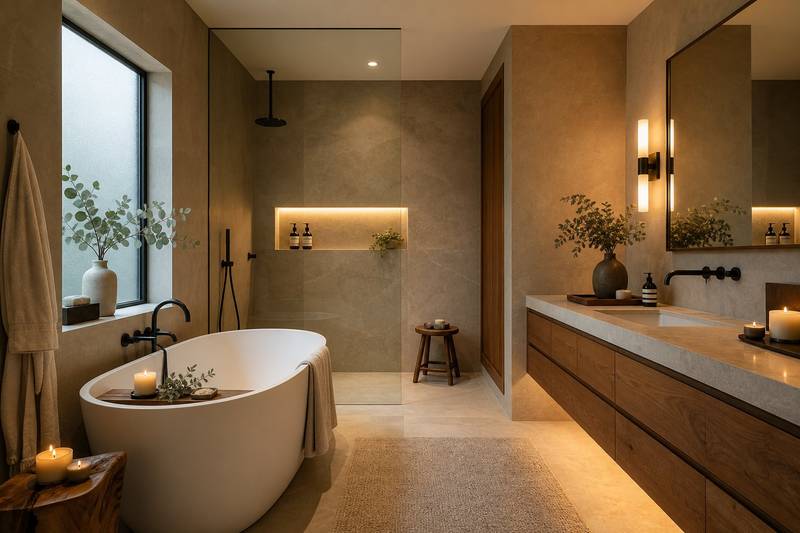 Luxury bathroom remodel with freestanding tub and walk-in shower