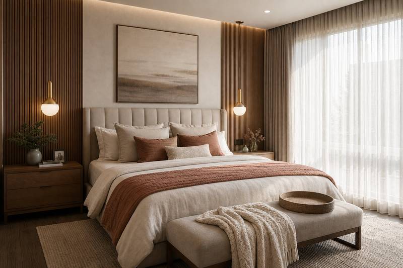 Remodeled master bedroom with upholstered headboard and wood wall panels