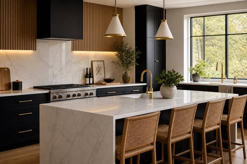 Modern renovated kitchen with black cabinetry and marble island